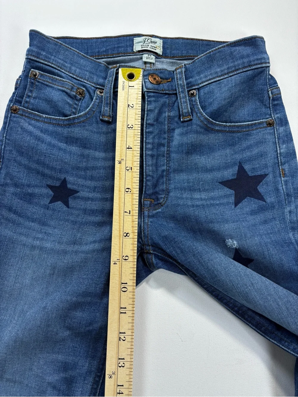 J. Crew Dark Blue Denim Boot Crop Jeans with Navy Star Accents